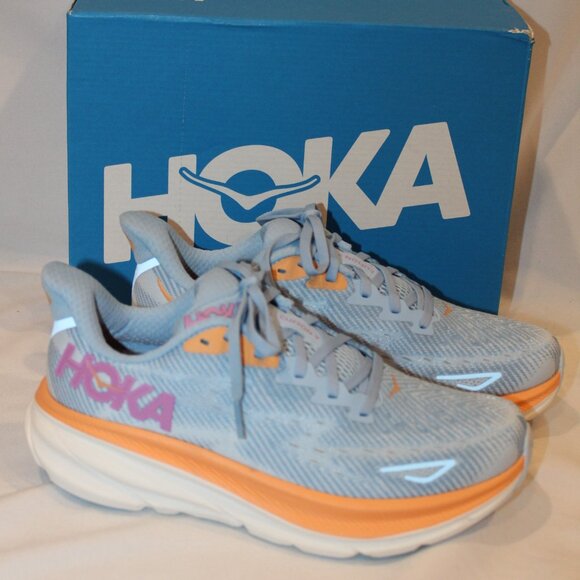 NIB HOKA WOMEN'S CLIFTON 9 AIRY BLUE/ICE WATER BLUE PINK ORANGE RUNNING SNEAKERS - Picture 1 of 7